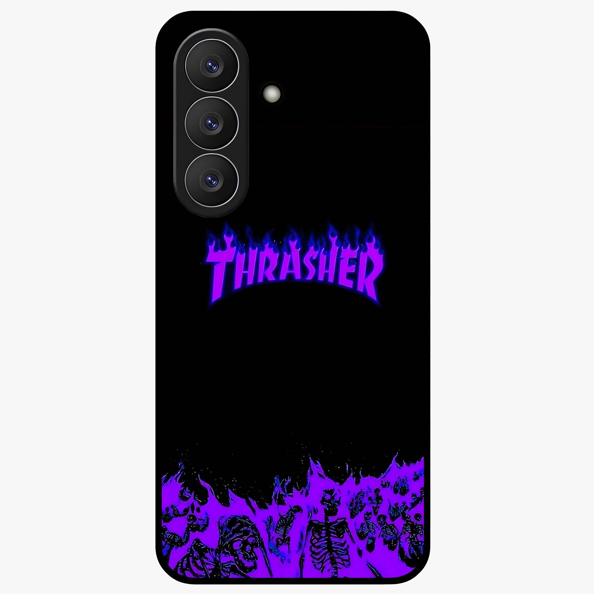 Neon Flame Riot Glass Case showing flat back view with neon flame artwork and glossy glass finish.