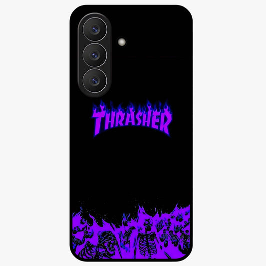 Neon Flame Riot Glass Case showing flat back view with neon flame artwork and glossy glass finish.