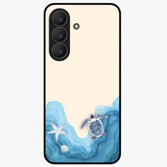 Ocean Drift Turtle Glass Case showing flat back view with sea turtle artwork and glossy glass finish.