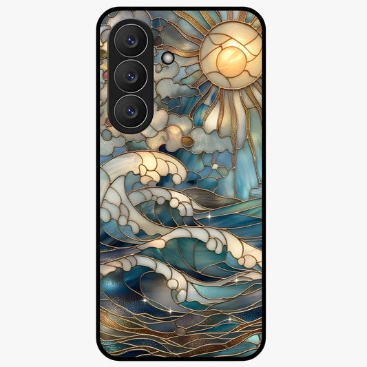 Oceanic Stained Printed Glass Case showing flat back view with ocean inspired stained pattern artwork and glossy glass finish.