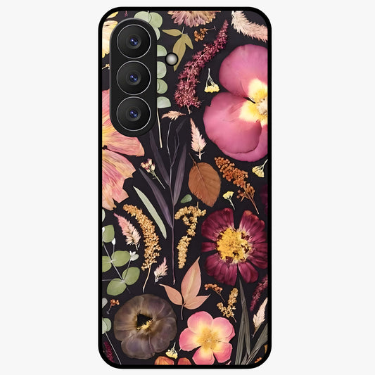 Petal Dream Tapestry Glass Case showing flat back view with intricate floral tapestry artwork and glossy glass finish.
