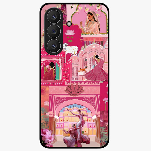 Pink Palace Muse Glass Case showing flat back view with elegant palace inspired artwork and glossy glass finish.