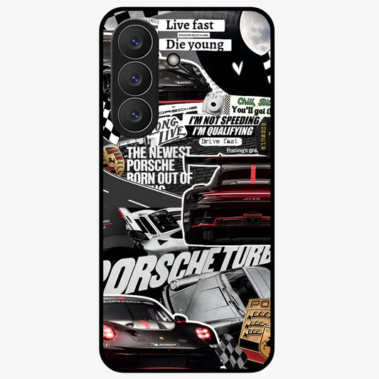 Porsche Racing Collage Glass Case showing flat back view with sports car racing collage artwork and glossy glass finish.