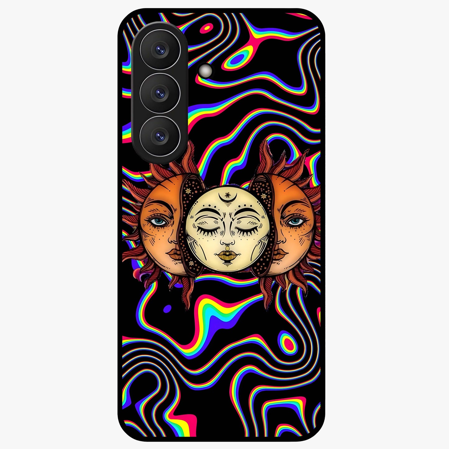 Psychedelic Sun Glass Case showing flat back view with colorful psychedelic sun artwork and glossy glass finish.