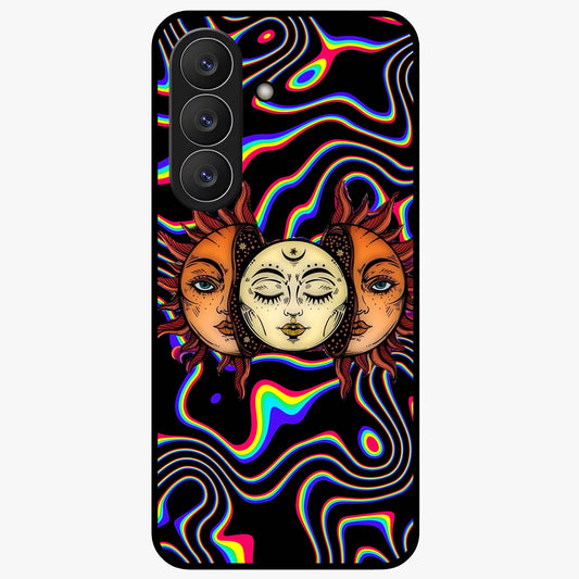 Psychedelic Sun Glass Case showing flat back view with colorful psychedelic sun artwork and glossy glass finish.