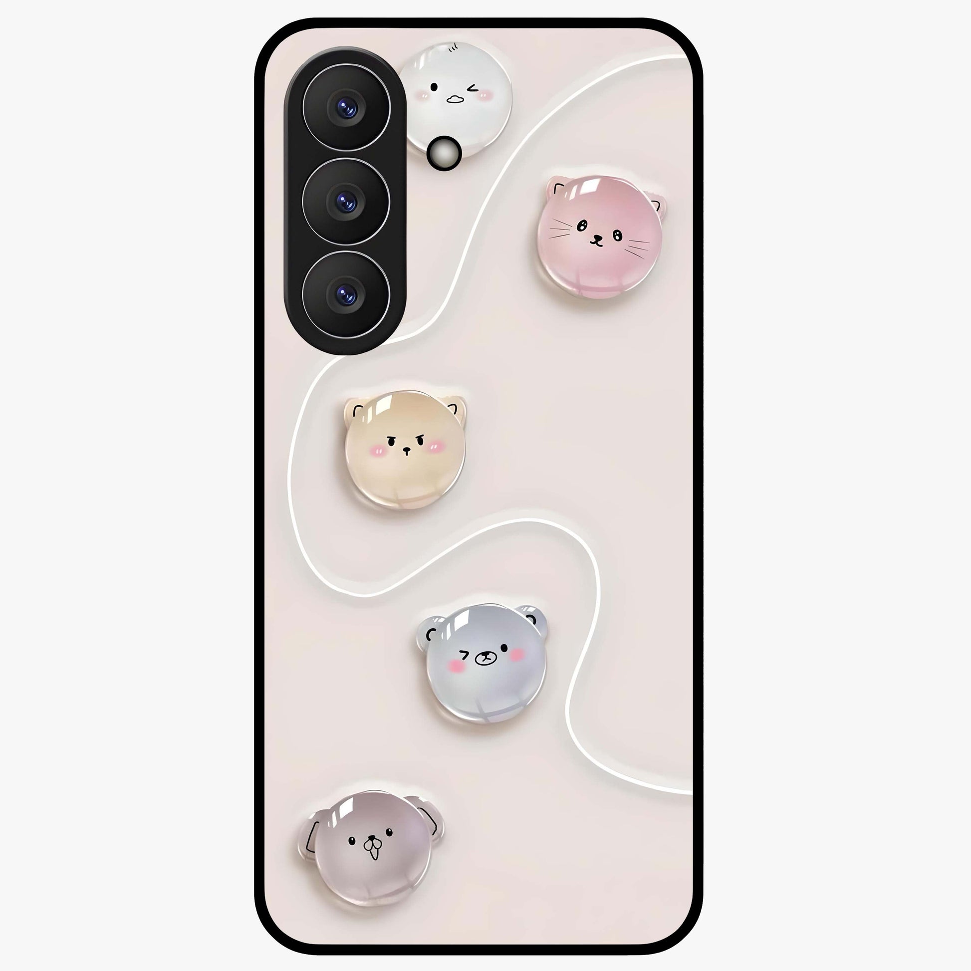 Puffy Face Parade Glass Case showing flat back view with cute puffy character faces artwork and glossy glass finish.