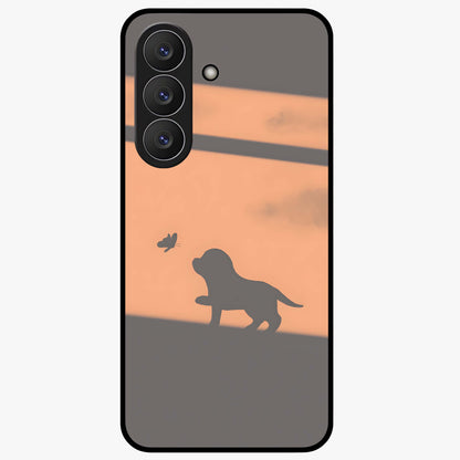 Puppy Shadow Art Glass Case showing flat back view with cute puppy shadow style artwork and glossy glass finish.