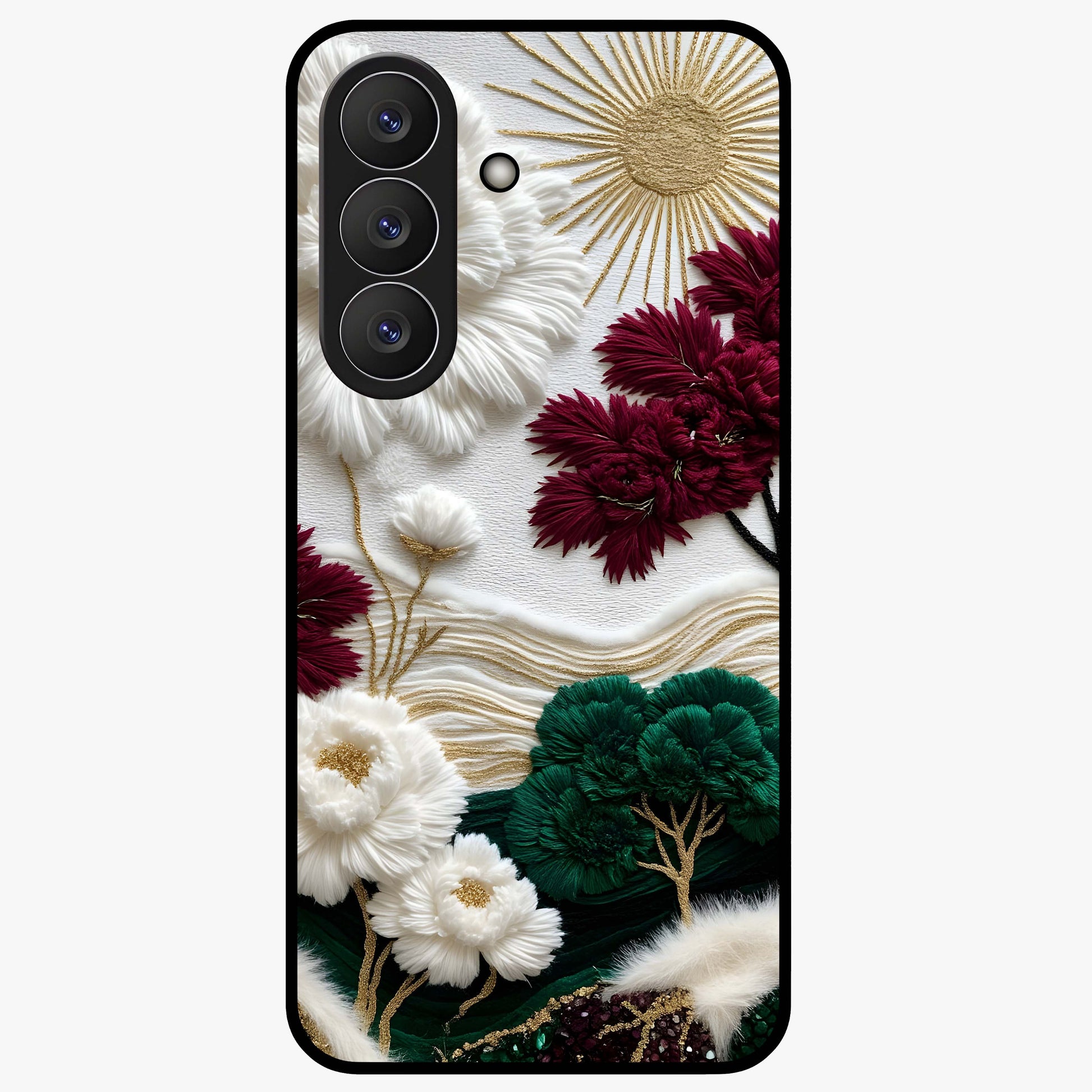 Radiant Bloom Elegance Glass Case showing flat back view with elegant blooming flower artwork and glossy glass finish.