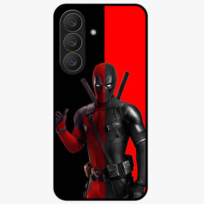 Red & Black Deadpool Theme Glass Case showing flat back view with bold comic inspired artwork and glossy glass finish.