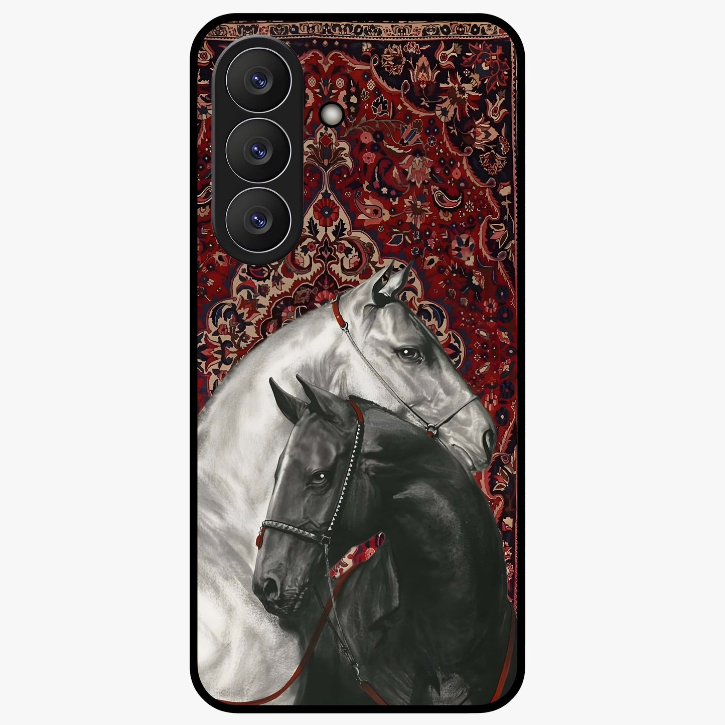 Regal Stallion Tapestry Glass Case showing flat back view with majestic horse tapestry artwork and glossy glass finish.