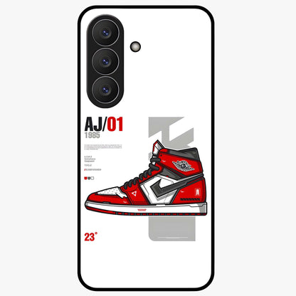 Retro Sneaker Blueprint Glass Case showing flat back view with sneaker blueprint style artwork and glossy glass finish.