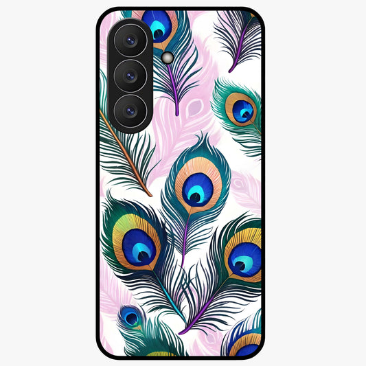 Royal Peacock Feathers Glass Case showing flat back view with colorful peacock feather artwork and glossy glass finish.