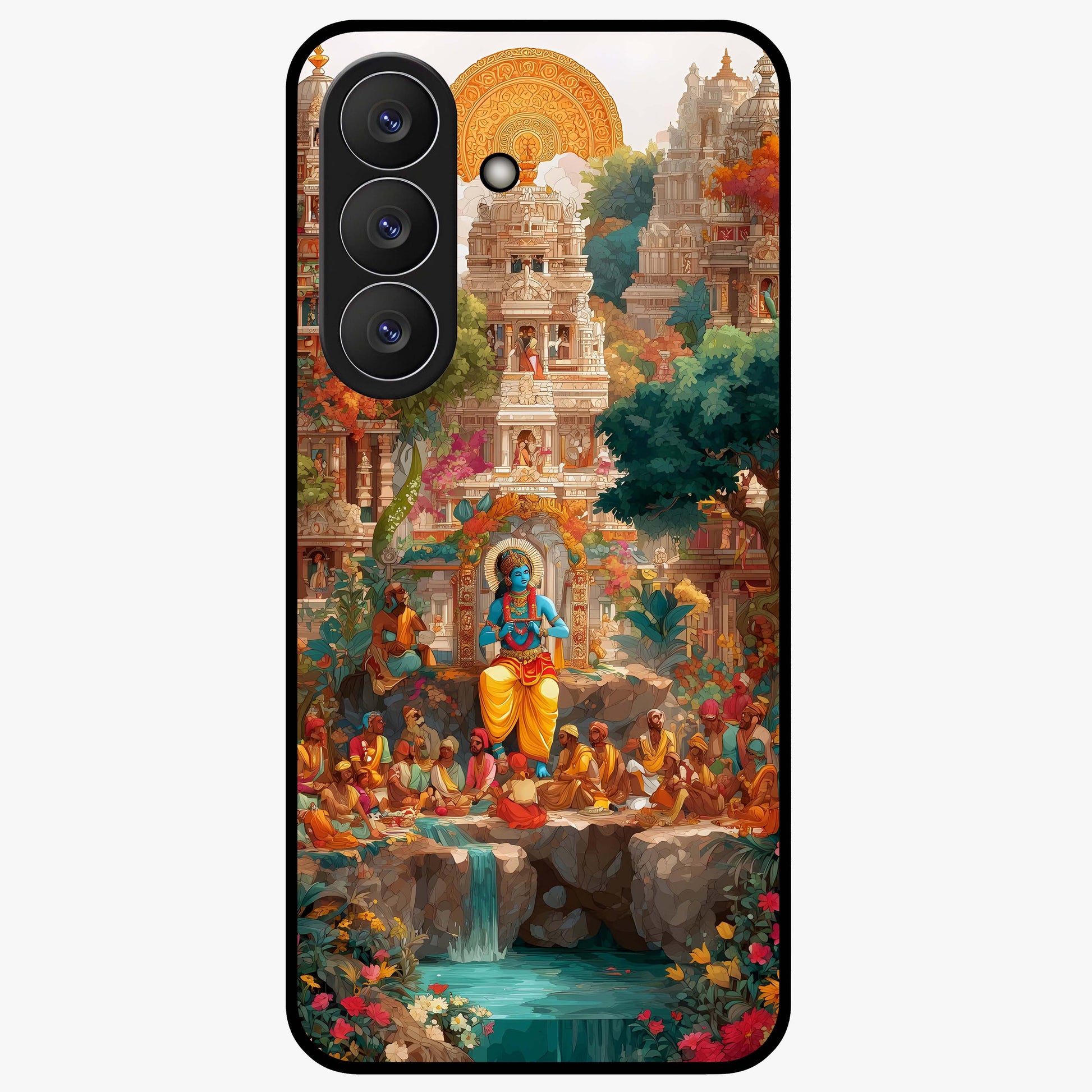 Sacred Sunlight Gods Glass Case showing flat back view with divine sunlight themed artwork and glossy glass finish.