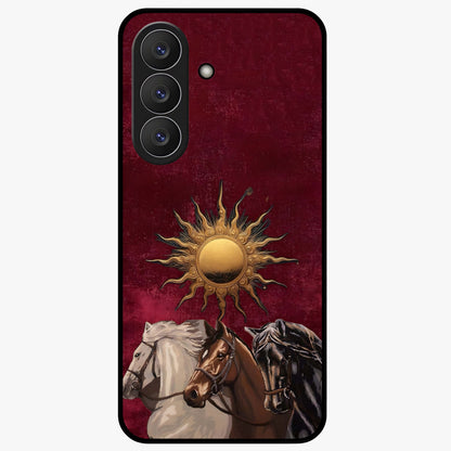 Solar Riders Glass Case showing flat back view with dynamic rider themed artwork and glossy glass finish.