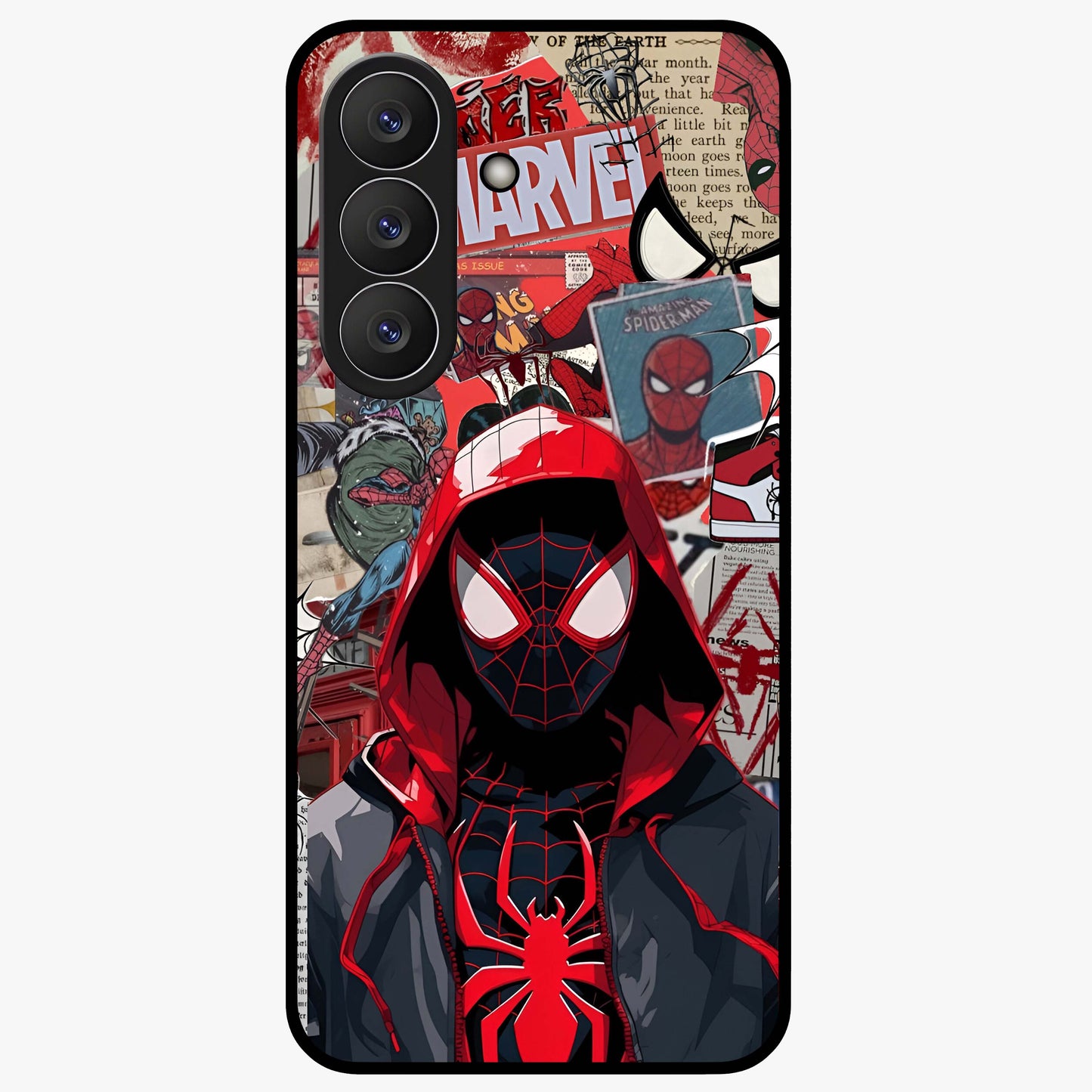 Spider Collage Street Glass Case showing flat back view with vibrant superhero collage artwork and glossy glass finish.