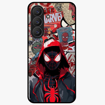 Spider Collage Street Glass Case showing flat back view with vibrant superhero collage artwork and glossy glass finish.