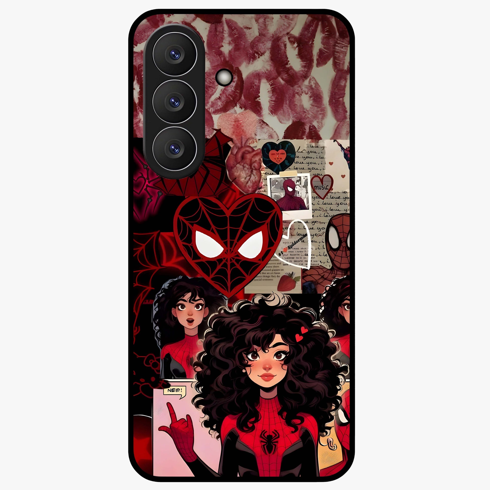 Spider Love Story Glass Case showing flat back view with romantic superhero themed artwork and glossy glass finish.