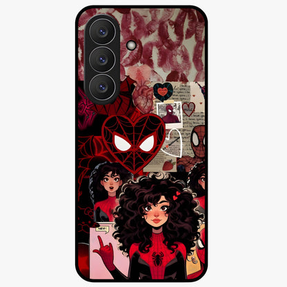 Spider Love Story Glass Case showing flat back view with romantic superhero themed artwork and glossy glass finish.