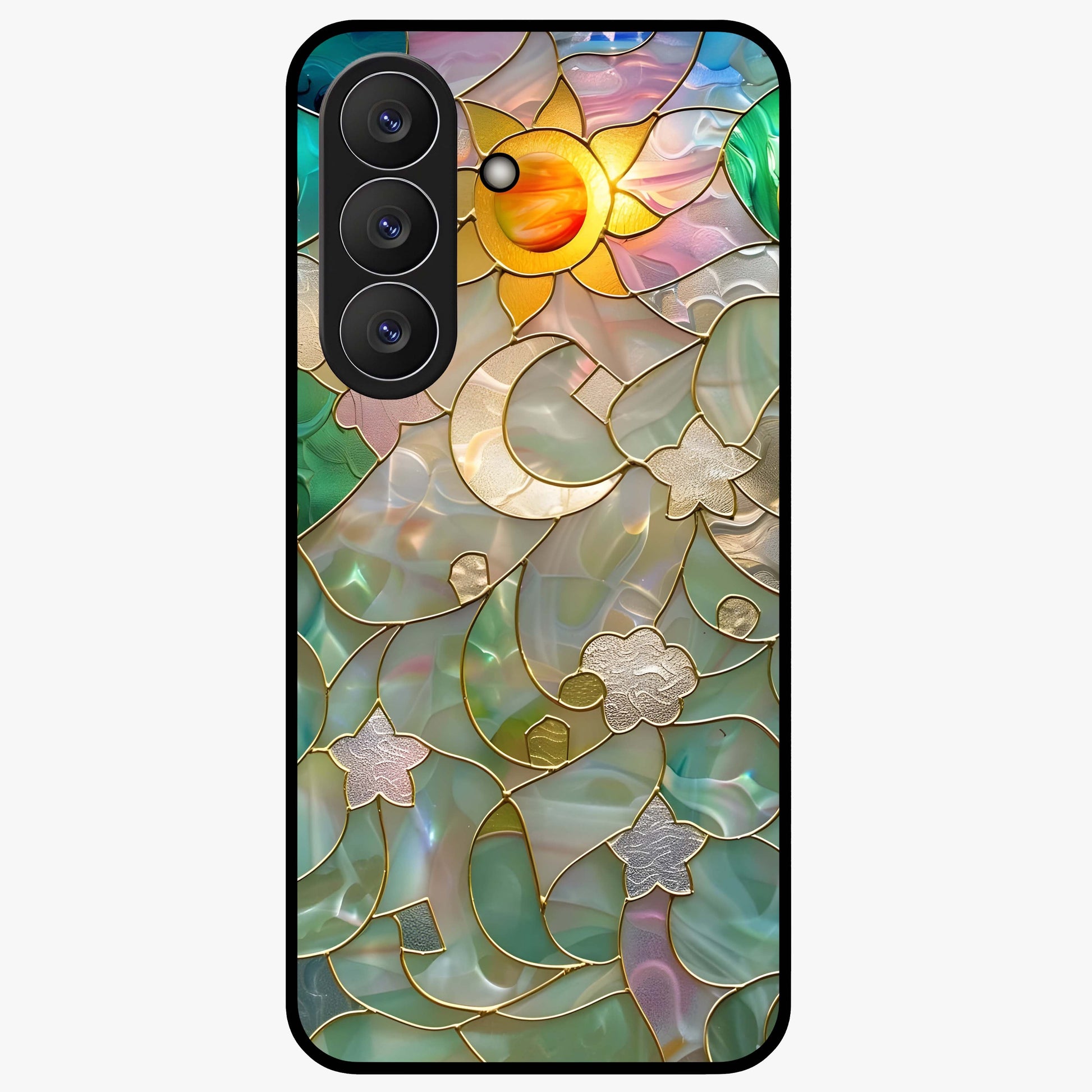 Stained Sunrise Glow Glass Case showing flat back view with glowing sunrise stained pattern artwork and glossy glass finish.