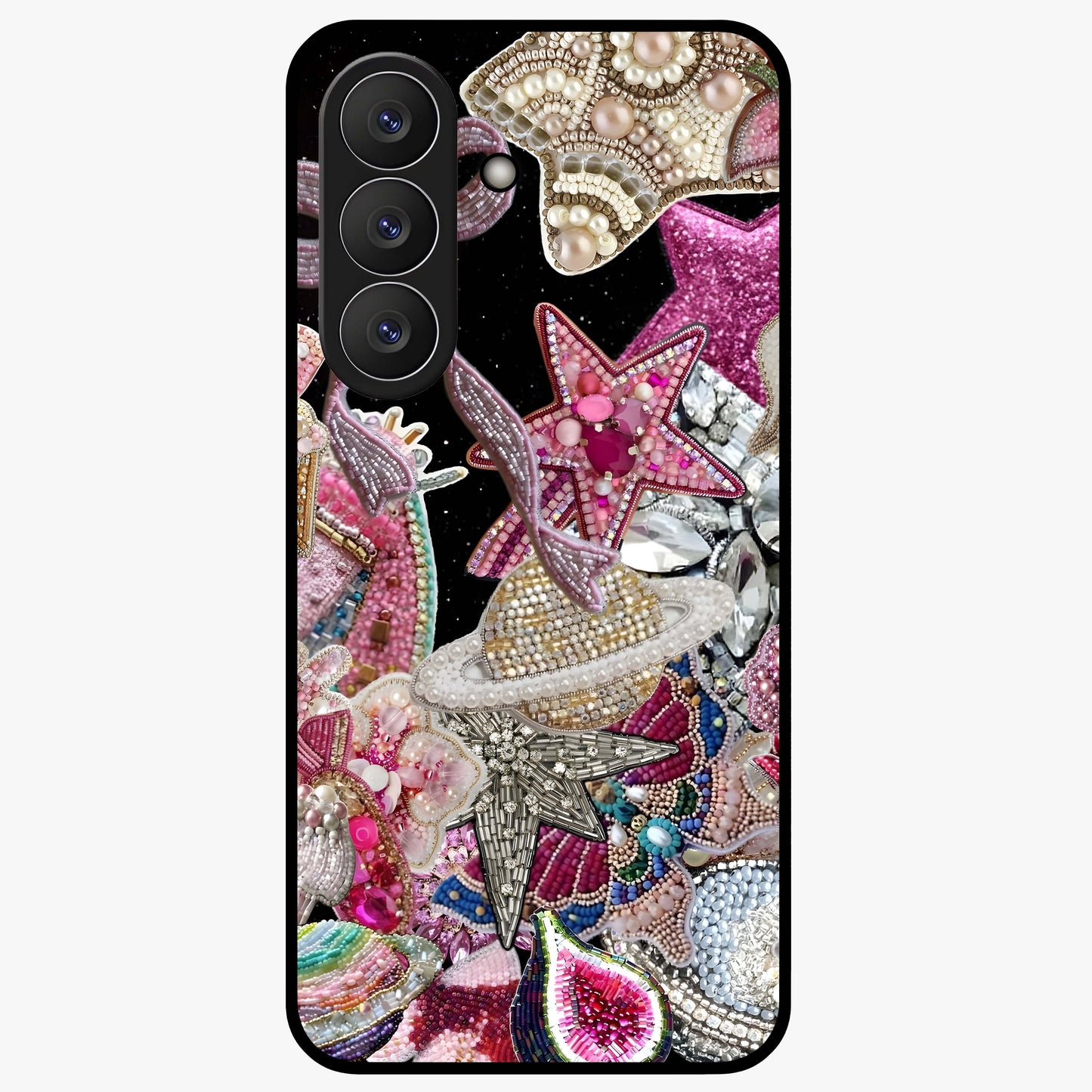 Starlit Jewel Dream Glass Case showing flat back view with sparkling jewel and star themed artwork and glossy glass finish.
