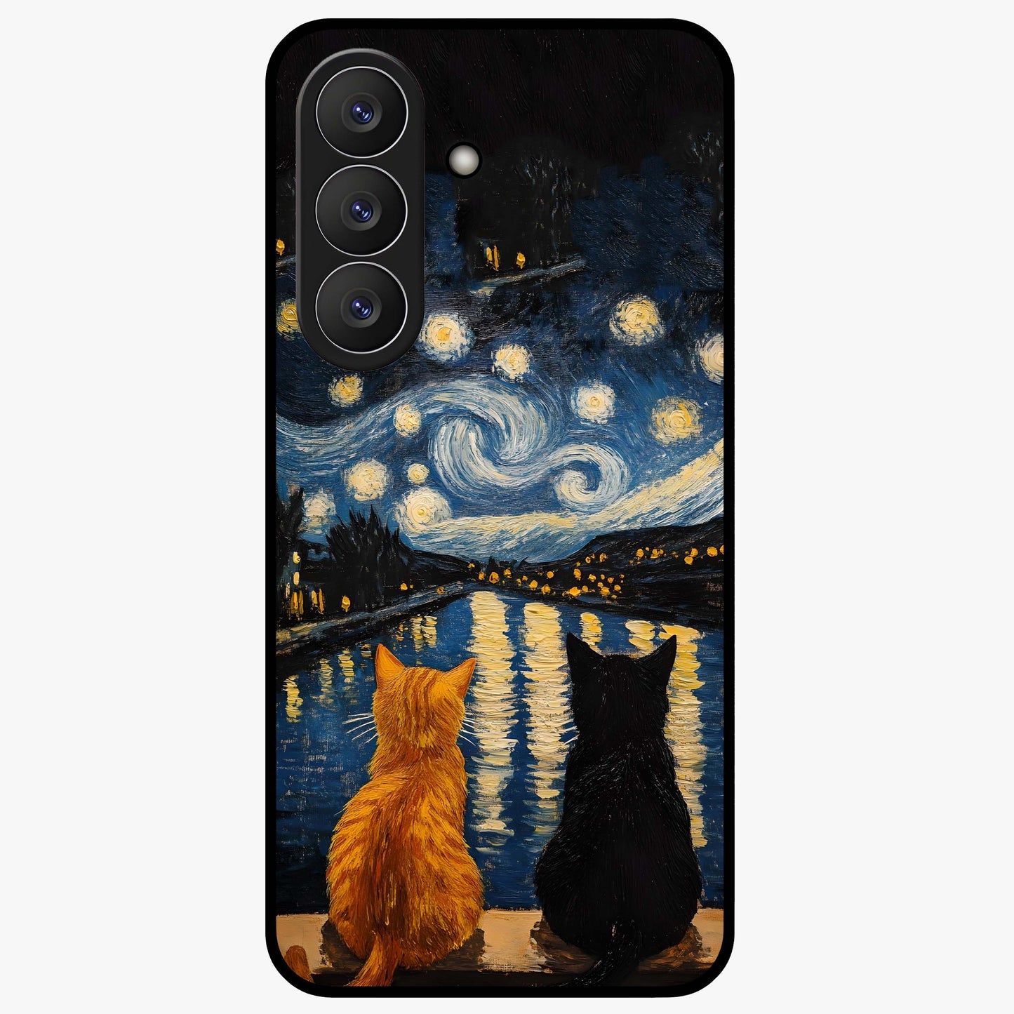 Starry River Cats Glass Case showing flat back view with cats by a starry river artwork and glossy glass finish.