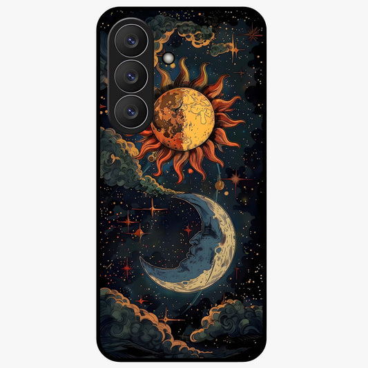 Sun And Moon Magic Design Glass Case showing flat back view with mystical sun and moon artwork and glossy glass finish.