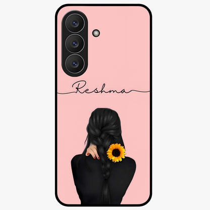 Sunflower Braid Beauty With Custom Name Glass Case showing flat back view with sunflower braid artwork and personalized name design.