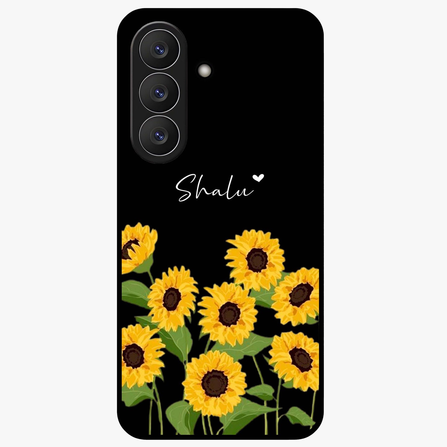 Sunflower Chic Mood Custom Name Glass Case showing flat back view with stylish sunflower artwork and personalized name design.