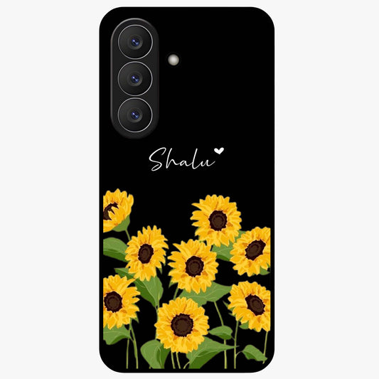 Sunflower Chic Mood Custom Name Glass Case showing flat back view with stylish sunflower artwork and personalized name design.