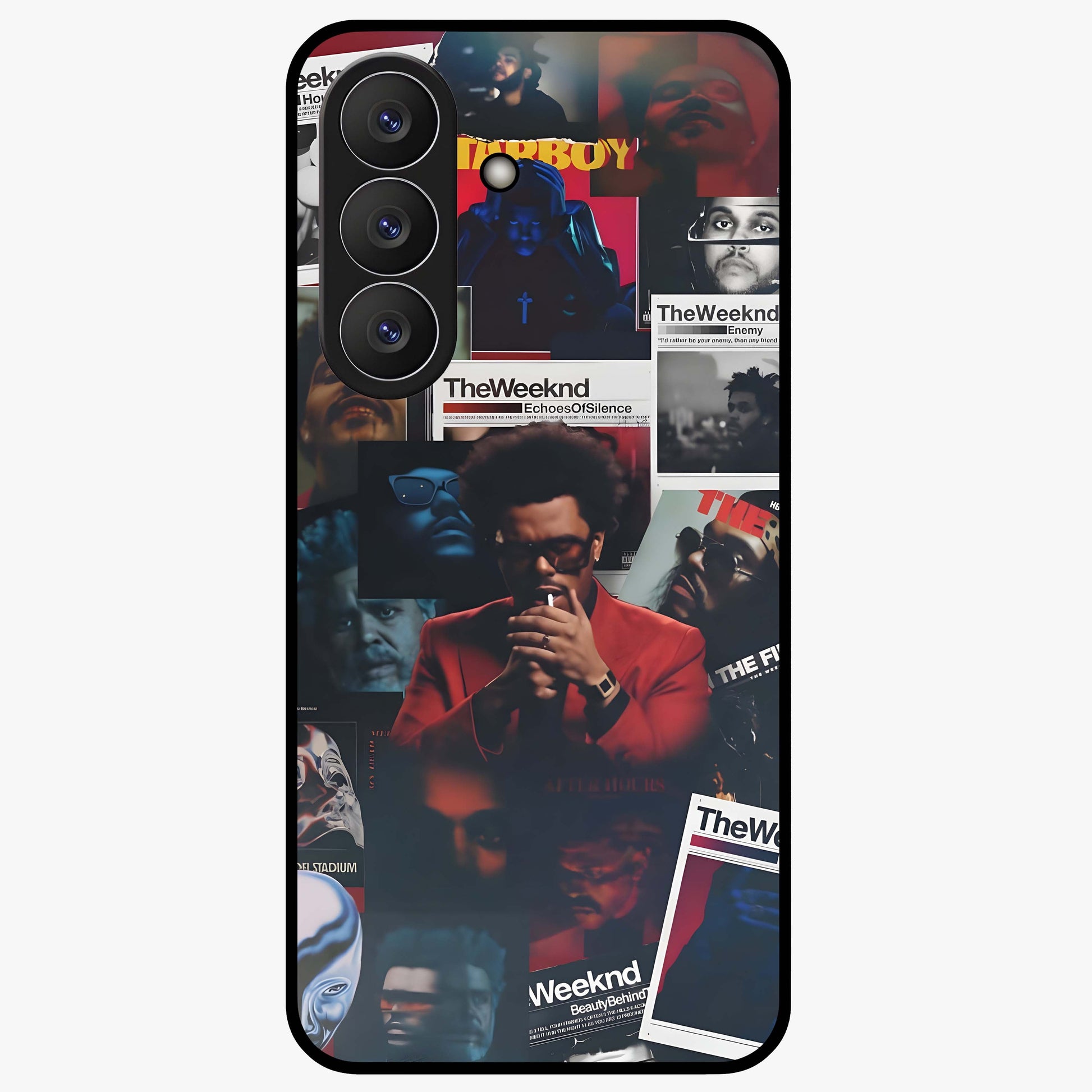 The Weeknd Glass Case showing flat back view with music inspired artistic portrait artwork and glossy glass finish.