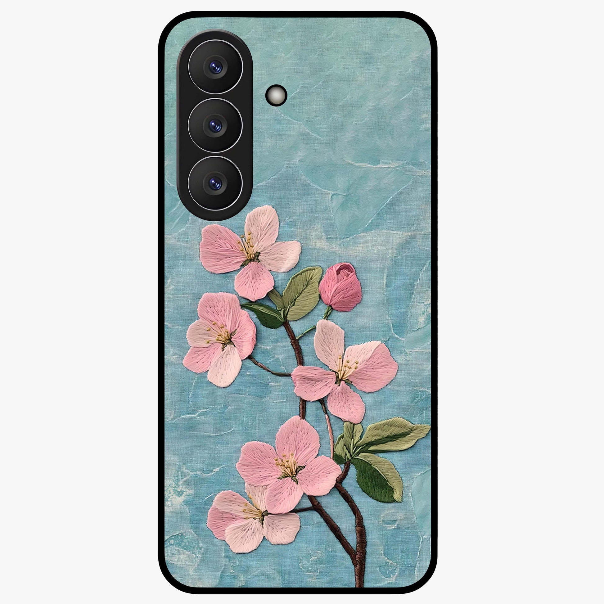 Threaded Blossom Breeze Glass Case showing flat back view with delicate blossom artwork and glossy glass finish.