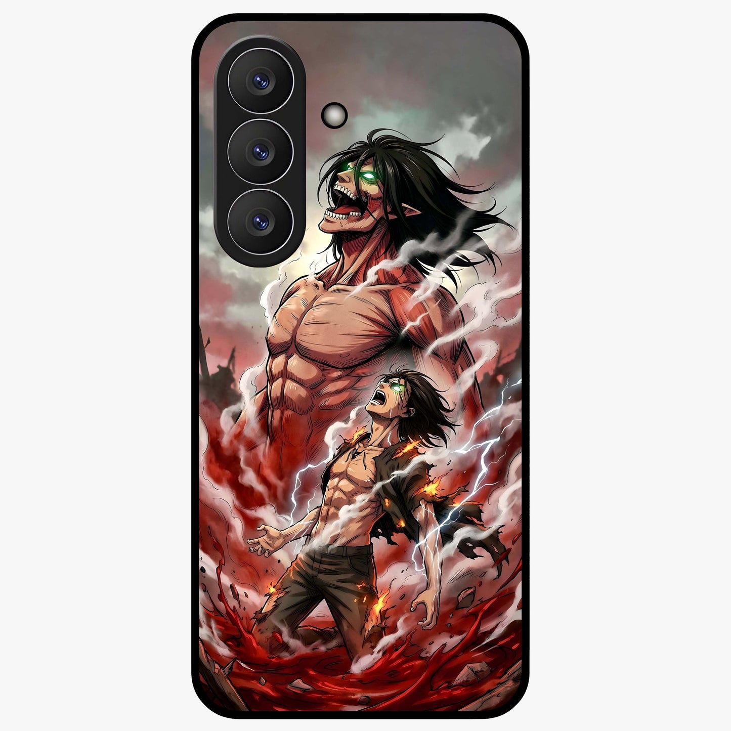 Titan Awakening Fury Glass Case showing flat back view with powerful titan inspired artwork and glossy glass finish.