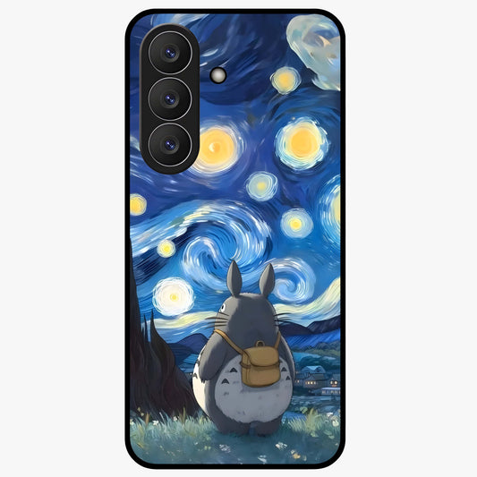 Totoro In Van Gogh Art Glass Case showing flat back view with whimsical character artwork inspired by Van Gogh style and glossy glass finish.