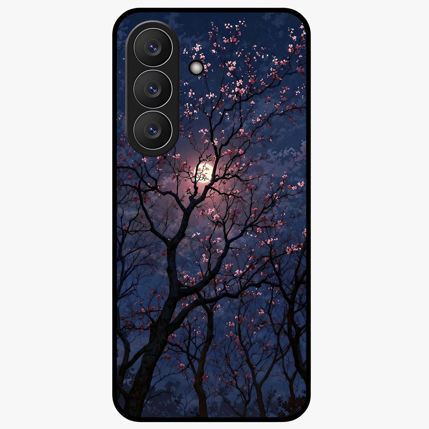 Twilight Sakura Serenade Glass Case showing flat back view with cherry blossom artwork at twilight and glossy glass finish.