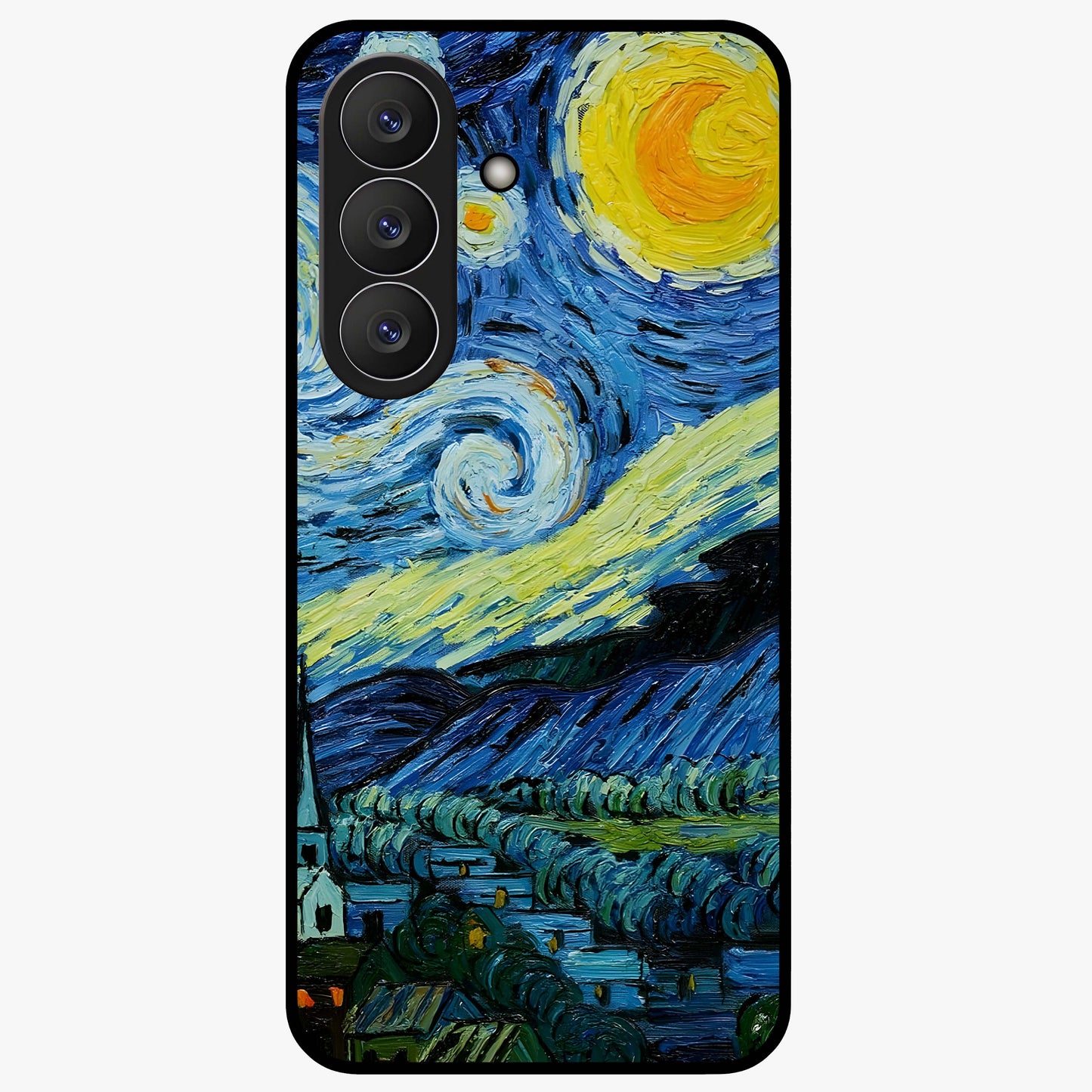 Van Gogh Art Glass Case showing flat back view with classic painterly artwork inspired by Van Gogh style and glossy glass finish.