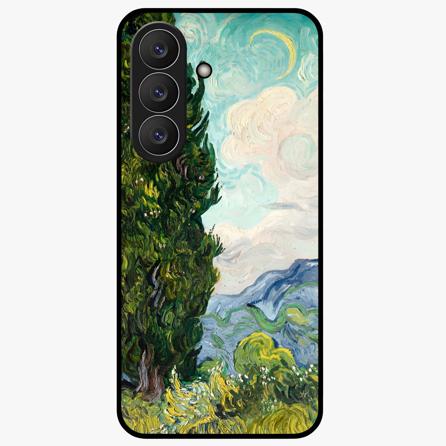 Van Gogh Vintage Art Glass Case showing flat back view with vintage painterly artwork inspired by Van Gogh style and glossy glass finish.