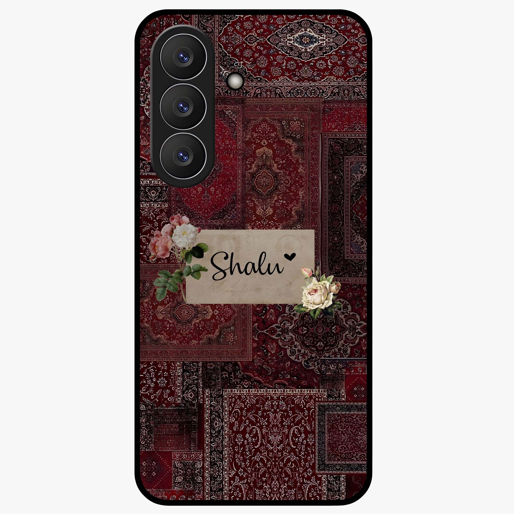 Velvet Wine Pattern Custom Name Glass Case showing flat back view with elegant wine colored pattern artwork and personalized name design.