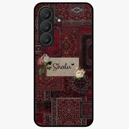 Velvet Wine Pattern Custom Name Glass Case showing flat back view with elegant wine colored pattern artwork and personalized name design.