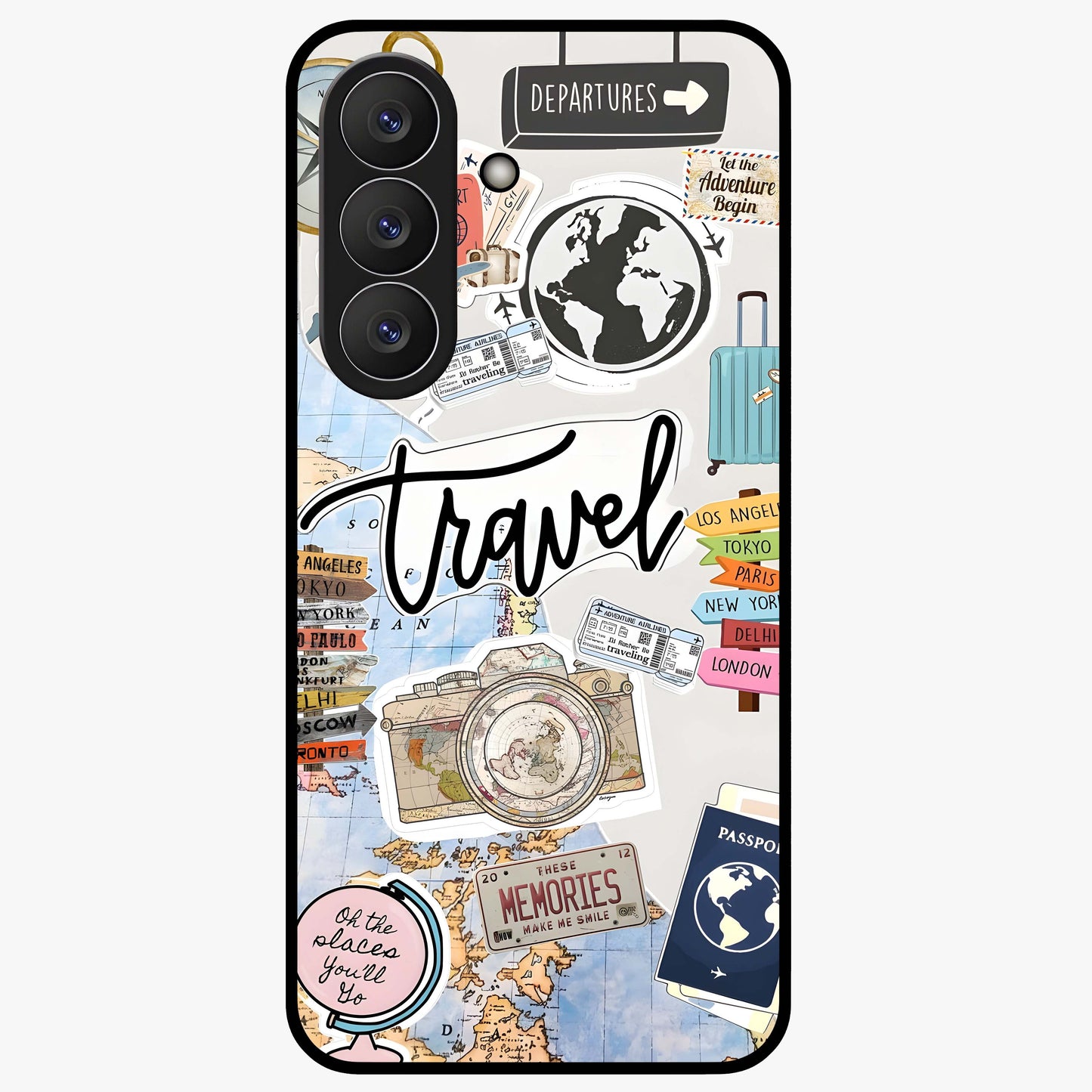 Wanderlust Journal Glass Case showing flat back view with travel inspired artwork and glossy glass finish.