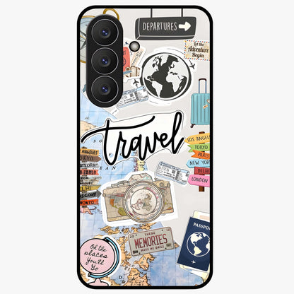 Wanderlust Journal Glass Case showing flat back view with travel inspired artwork and glossy glass finish.