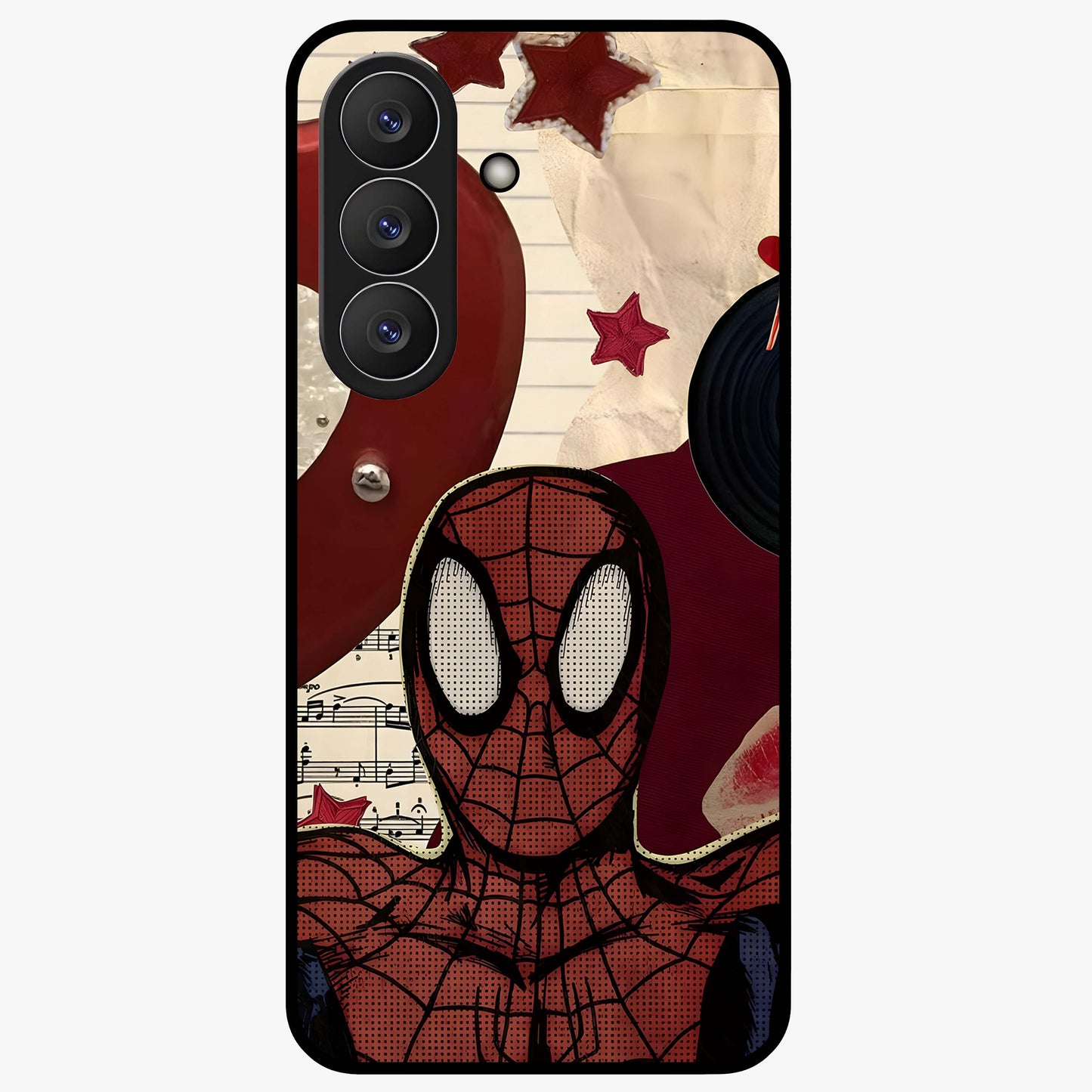Web Warrior Vibes Glass Case showing flat back view with superhero inspired web themed artwork and glossy glass finish.