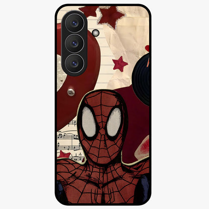 Web Warrior Vibes Glass Case showing flat back view with superhero inspired web themed artwork and glossy glass finish.