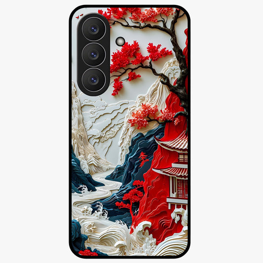 Whispers Of Sakura Waves Glass Case showing flat back view with cherry blossom wave artwork and glossy glass finish.