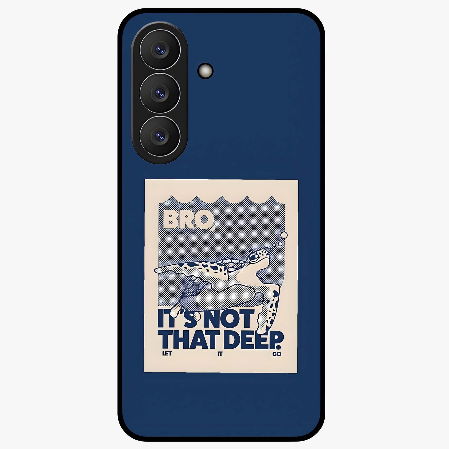 Worry Less Swim Glass Case showing flat back view with playful motivational artwork and glossy glass finish.