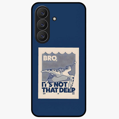 Worry Less Swim Glass Case showing flat back view with playful motivational artwork and glossy glass finish.