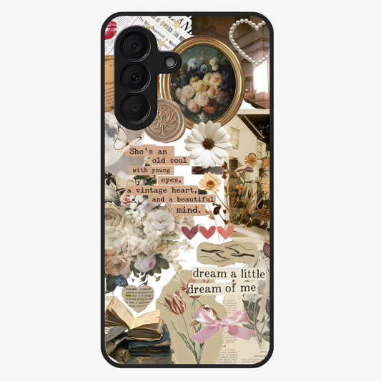 Aesthetic Brown Vintage Collage Glass Case showing flat back view with retro collage artwork and glossy glass finish.