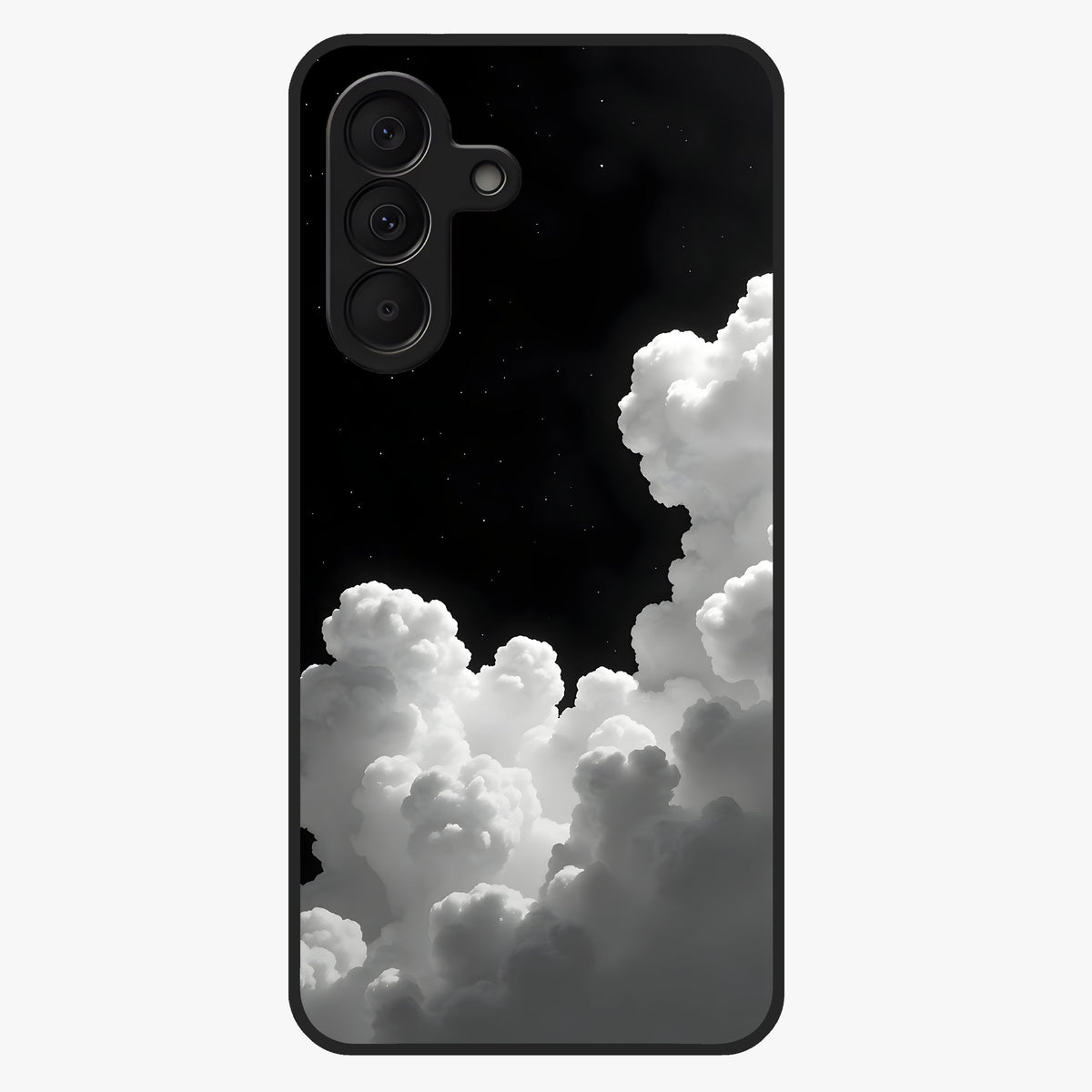 Black Background With White Cloud Glass Case showing flat back view with minimal cloud artwork on dark background and glossy glass finish.