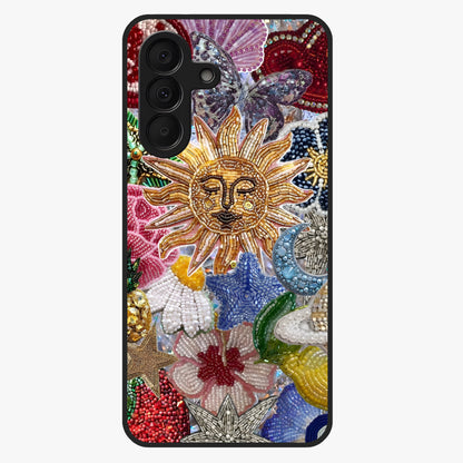 Celestial Floral and Playful Glass Case showing flat back view with floral and celestial themed artwork and glossy glass finish.