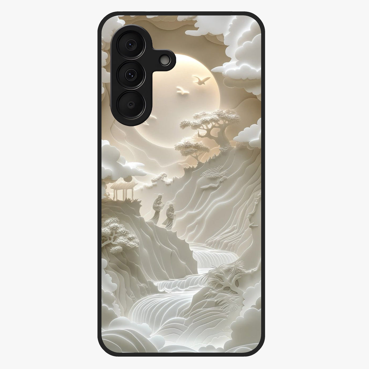Celestial Origami Glass Case showing flat back view with artistic origami inspired celestial artwork and glossy glass finish.