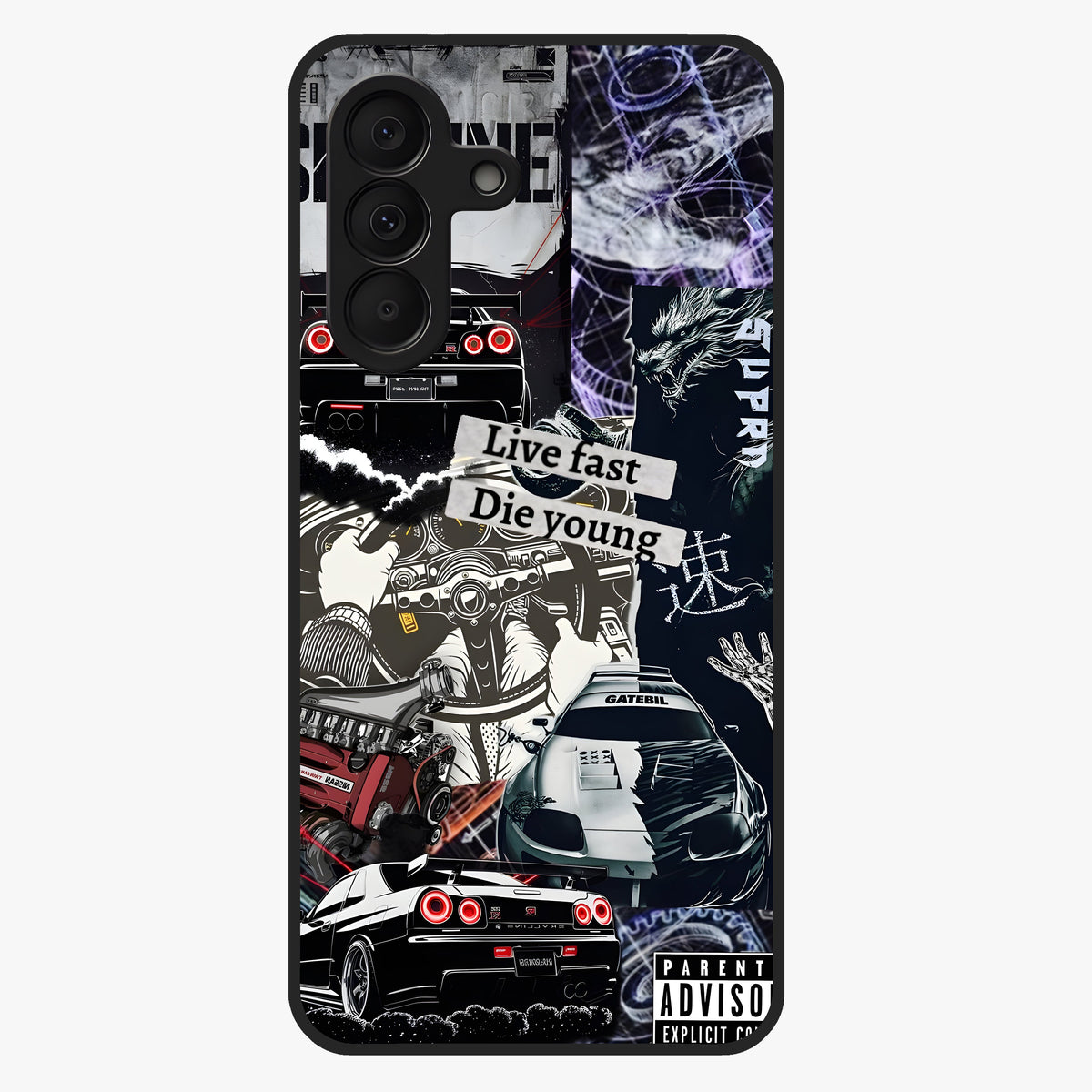 Die Young Glass Case showing flat back view with bold artistic typography design and glossy glass finish.